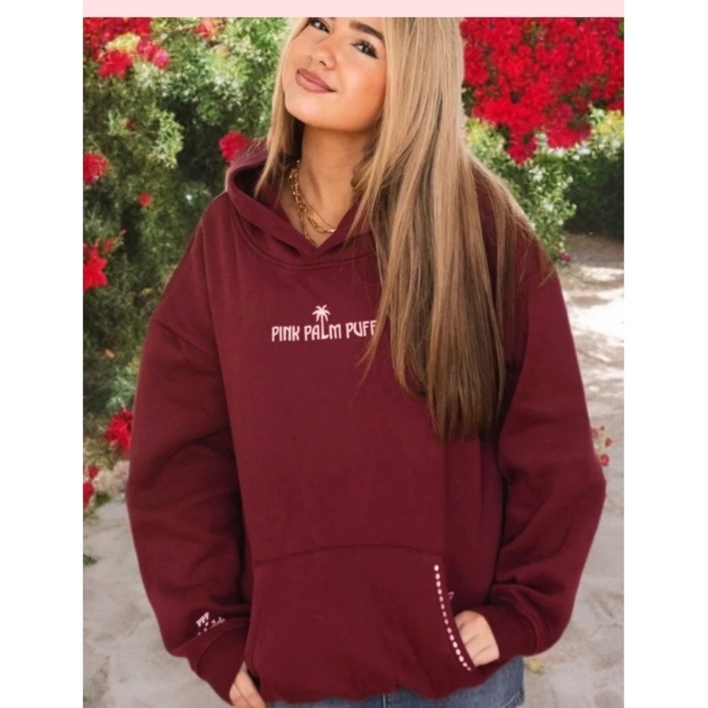 Pink Palm Puff "Live in the Moment" Hoodie in Cherry Large New With Tags